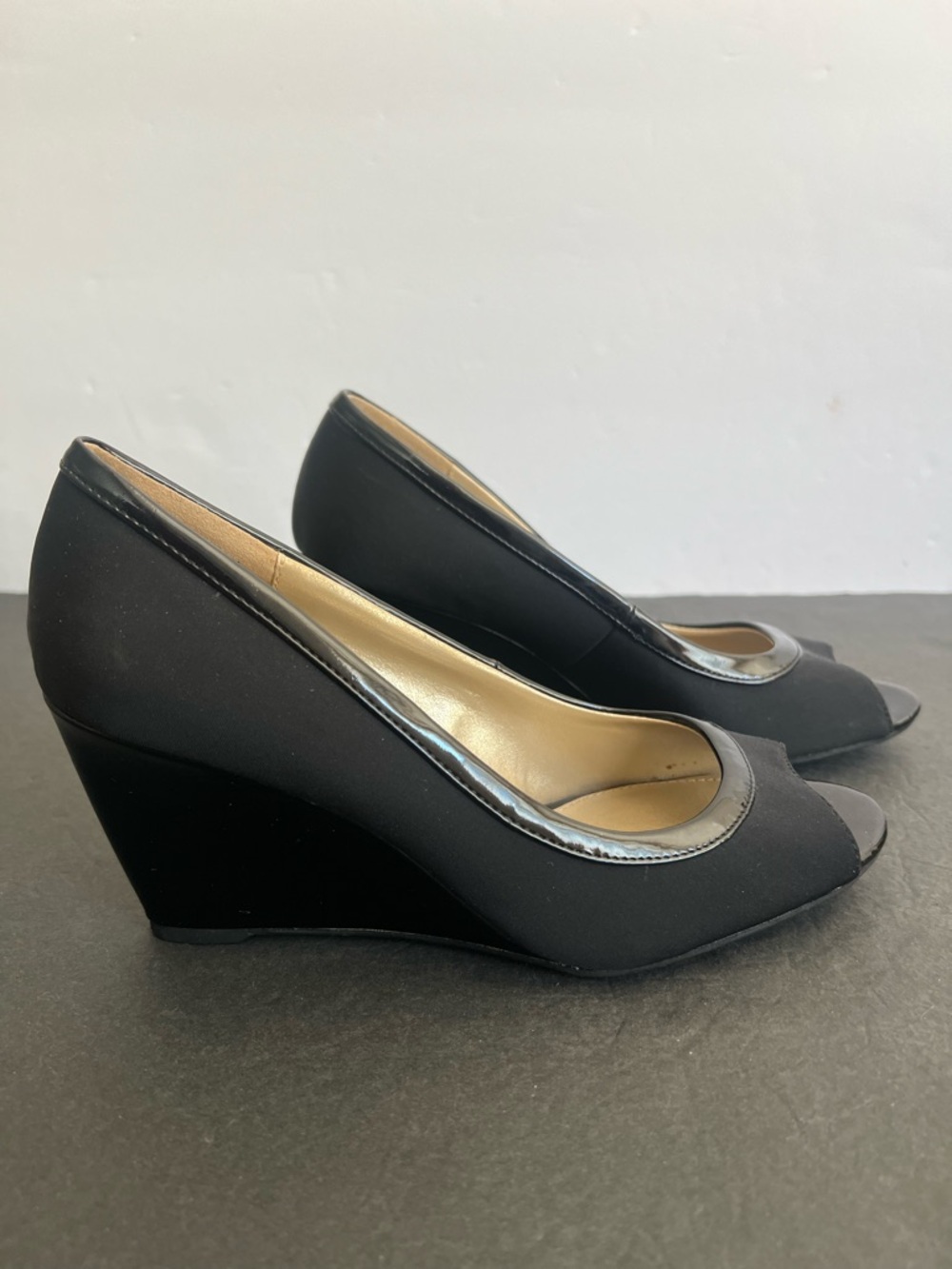 Bandolino Black Peep-Toe Wedge Heels